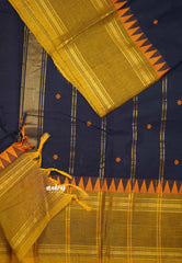 Karthigai silk cotton Rettapet border with temple weaving  - Deep Navy blue