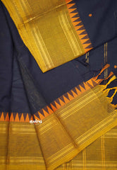 Karthigai silk cotton Rettapet border with temple weaving  - Deep Navy blue