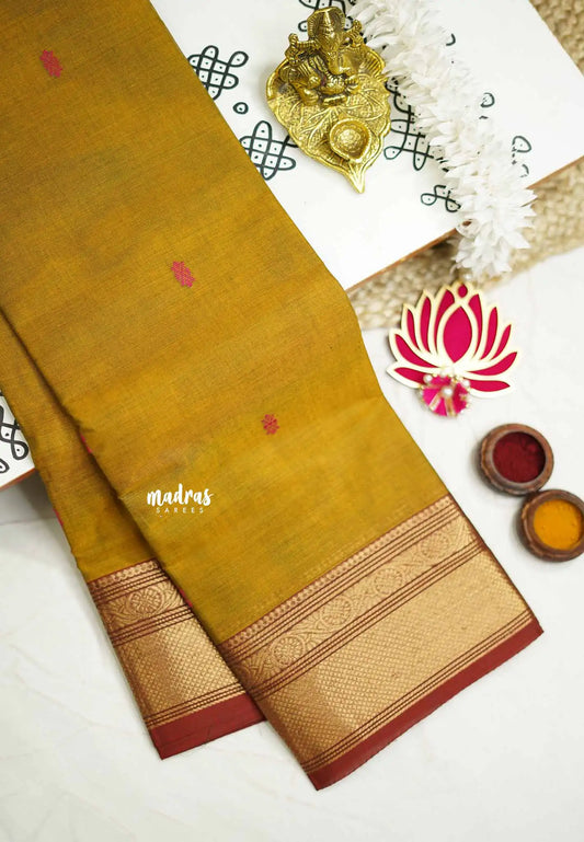 Karthigai silk cotton bavanji border with buttas - Ginger brown