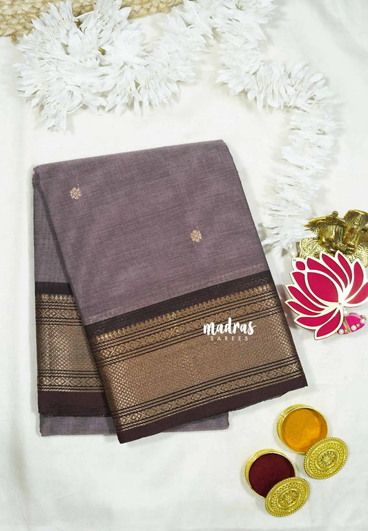 Muted purple - Karthigai silk cotton small Bavanji border with buttas