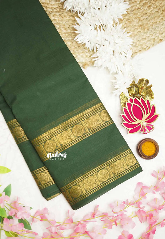 Karthigai silk cotton plain body rettapet border single color - Bottle green