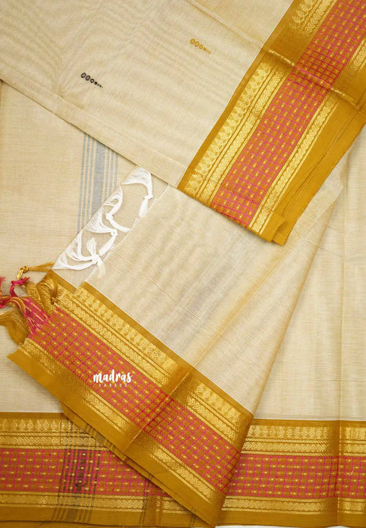 Karthigai silk cotton checks weaving border - Beige