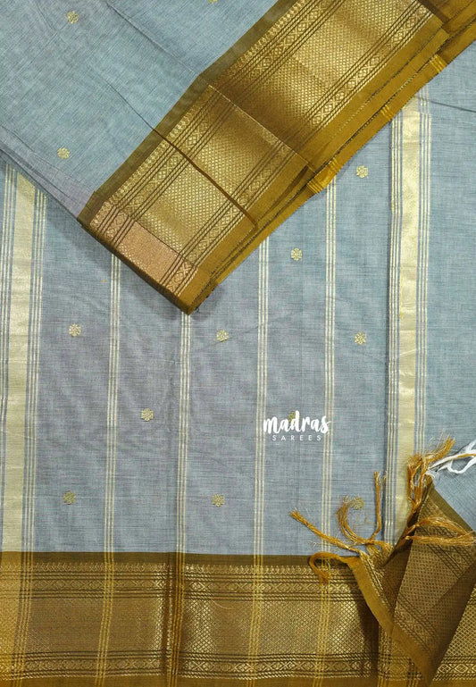 Mild Grey - Karthigai silk cotton small Bavanji border with buttas