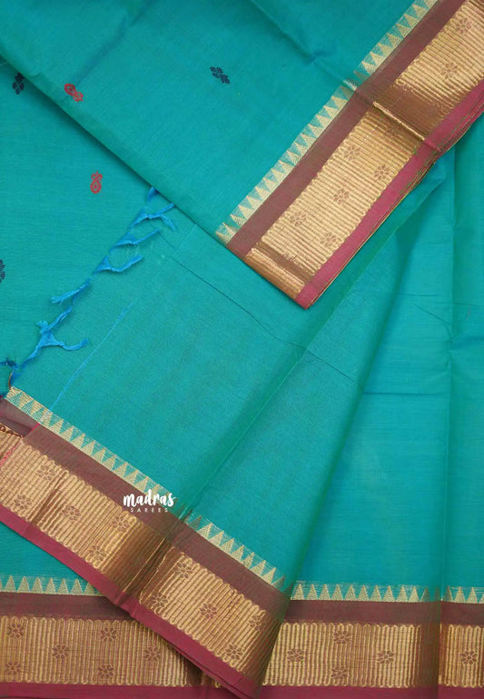 Karthigai silk cotton small border with zigzag border - Teal blue