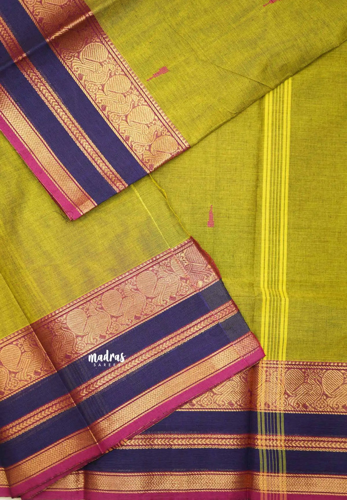 Karthigai silk cotton Triple border with annam  - Mehandi green