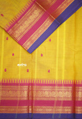 Karthigai silk cotton Rettapet border mayil temple weaving  - Mustard yellow