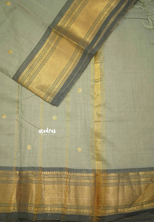 Karthigai silk cotton bavanji border with buttas - Pastel grey