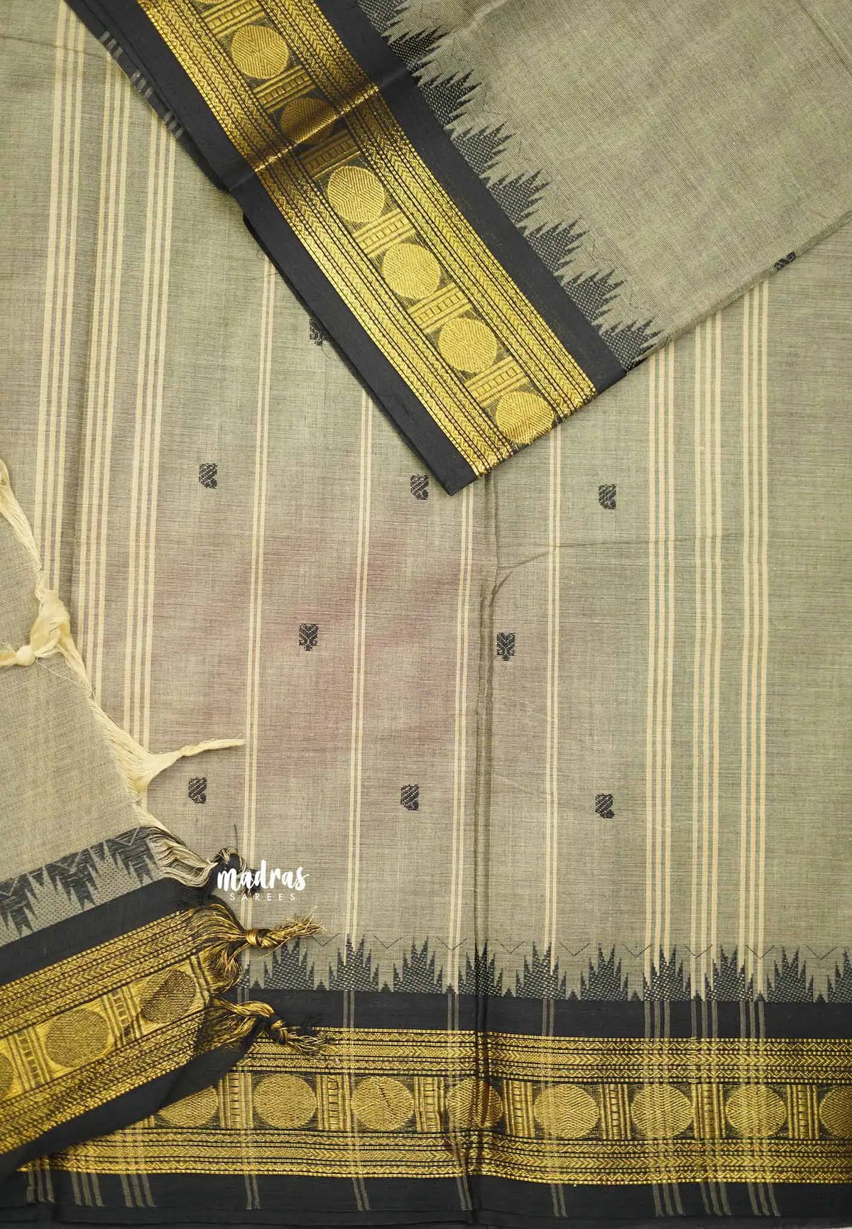 Karthigai silk cotton rudraksham with temple weaving - Khaki grey