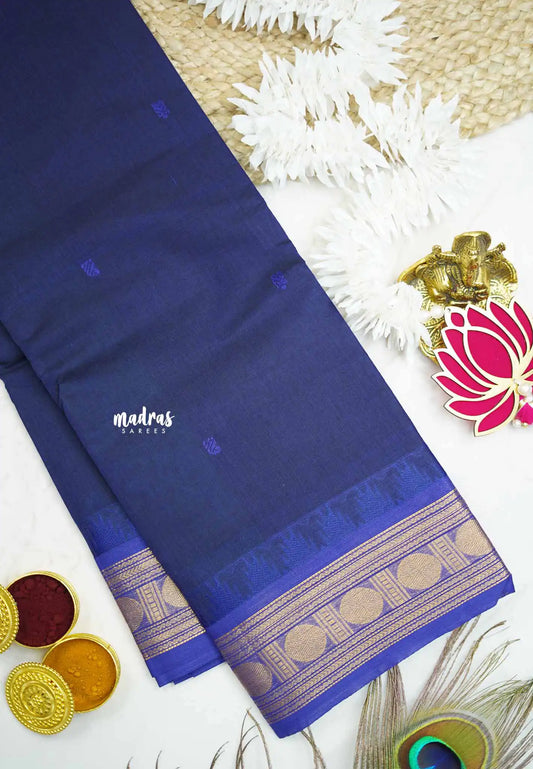 Karthigai silk cotton rudraksham with temple weaving - Blue