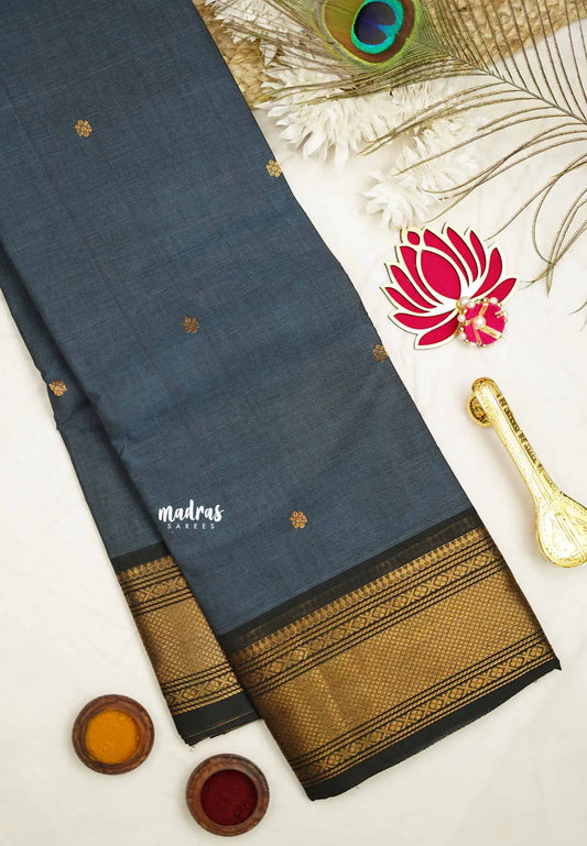 Karthigai silk cotton bavanji border with buttas - Bluish grey - Madras Sarees 