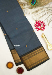 Karthigai silk cotton bavanji border with buttas - Bluish grey - Madras Sarees 