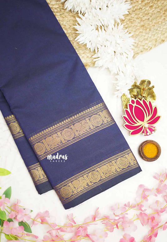 Karthigai silk cotton plain body rettapet border single color - Navy blue