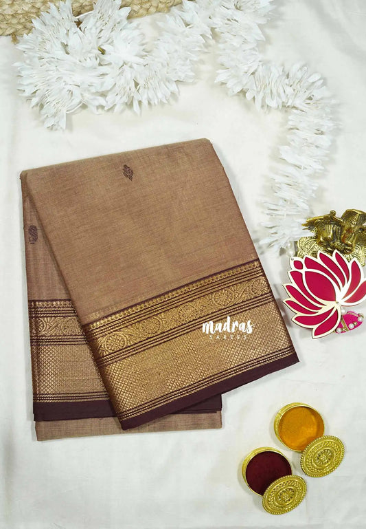 Mild brown - Karthigai silk cotton small Bavanji border with buttas