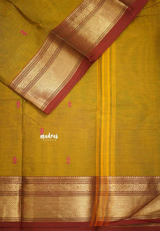 Karthigai silk cotton bavanji border with buttas - Ginger brown