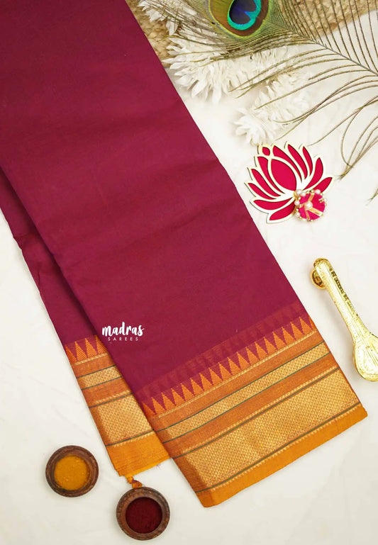 Karthigai silk cotton plain bavanji border - Dark pink