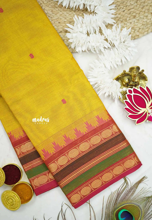 Karthigai silk cotton multicolor rudraksham border - Golden yellow