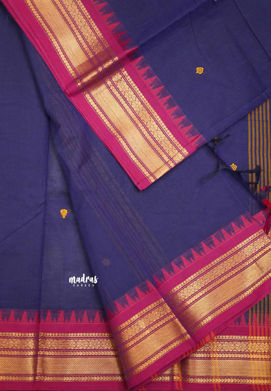 Karthigai silk cotton Bavanji border with temple - MS Blue