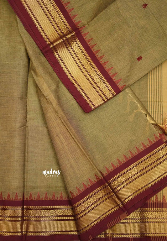 Karthigai silk cotton Bavanji border with temple - Khaki