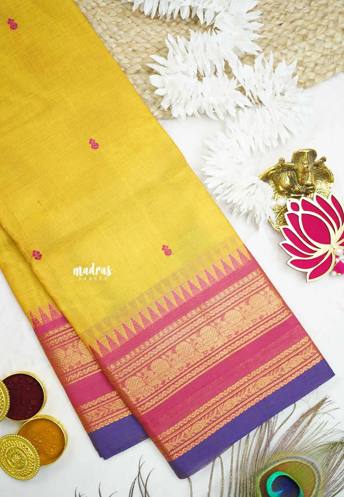 Karthigai silk cotton Rettapet border mayil temple weaving  - Mustard yellow