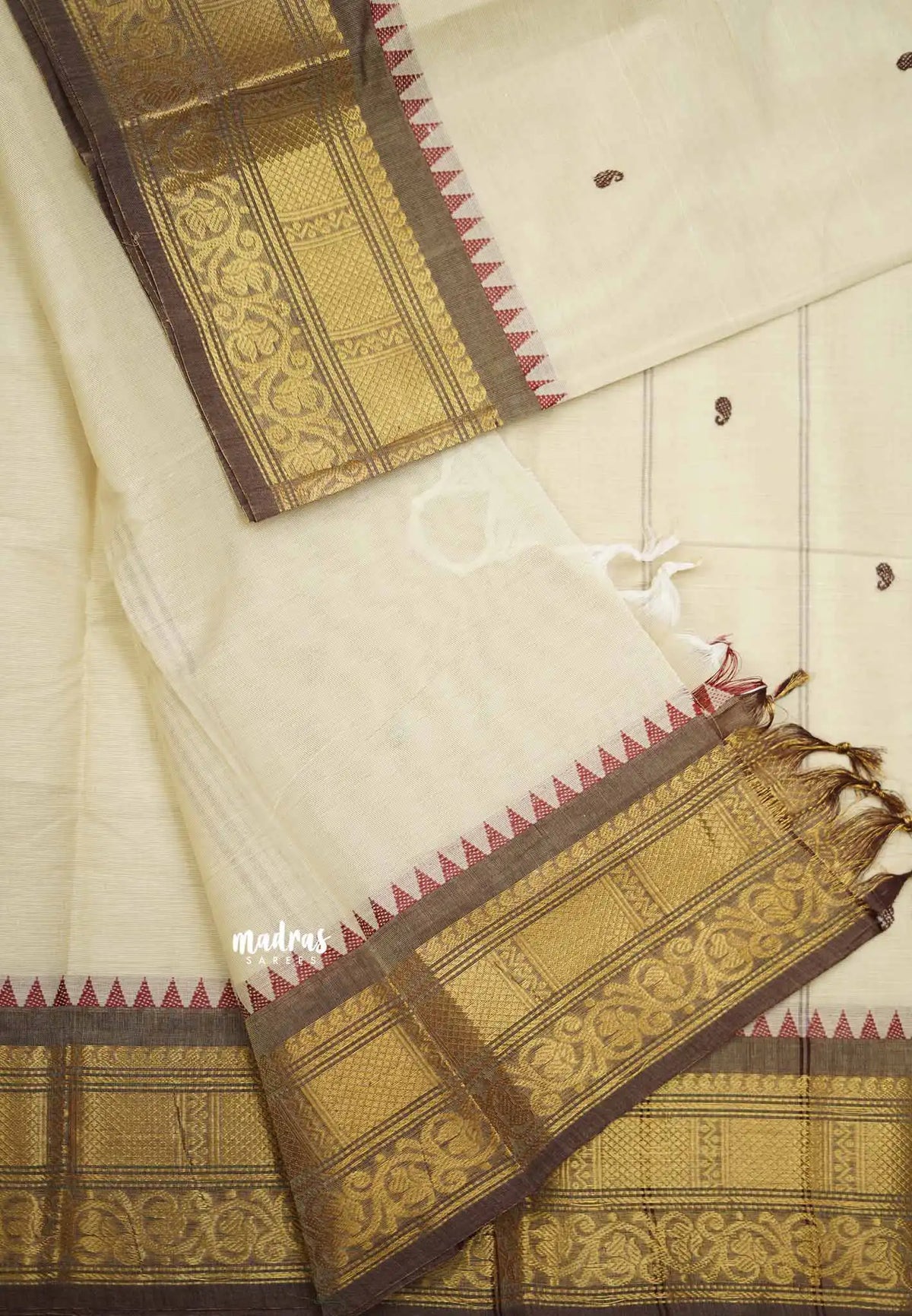 Karthigai silk cotton double border with temple weaving - Half white