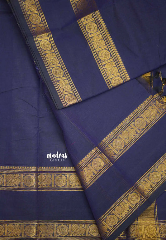 Karthigai silk cotton plain body rettapet border single color - Navy blue