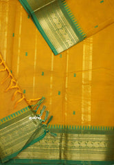 Karthigai silk cotton small border with mango and temple weaving - Mustard yellow