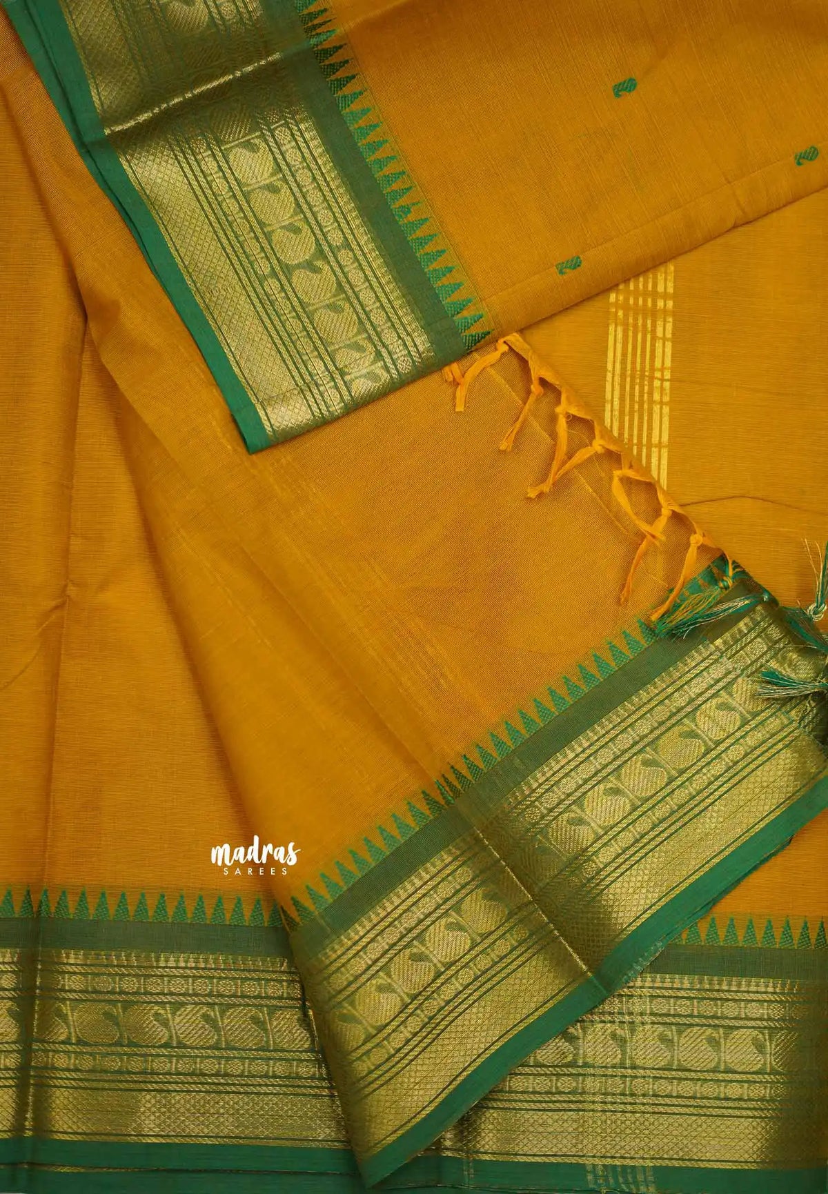 Karthigai silk cotton small border with mango and temple weaving - Mustard yellow