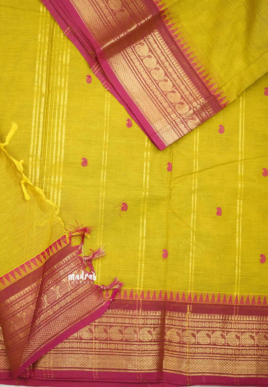 Karthigai silk cotton small border with mango and temple weaving - Lemon green