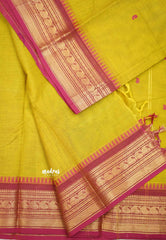 Karthigai silk cotton small border with mango and temple weaving - Lemon green