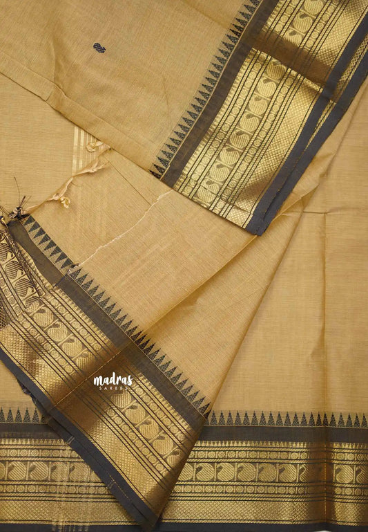 Karthigai silk cotton small border with mango and temple weaving - Mild brown with grey border