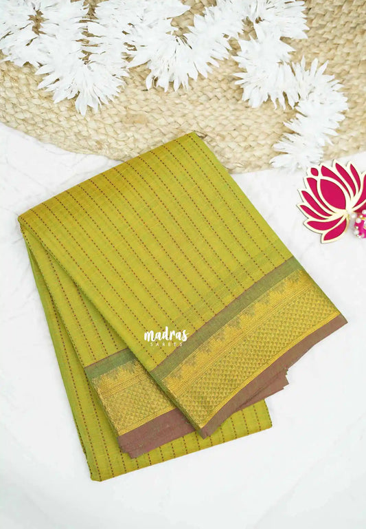 Premium Karthigai silk cotton dotted stripes body with rich pallu - Neon green