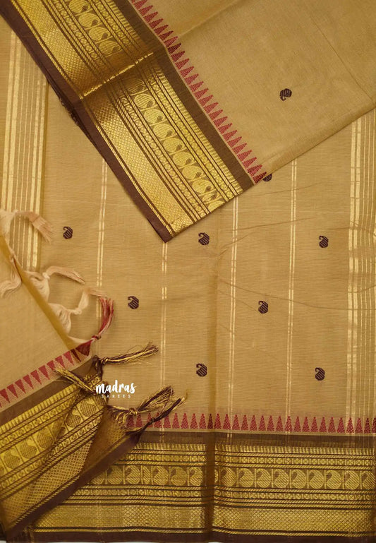 Karthigai silk cotton small border with mango and temple weaving - Wheat brown