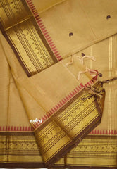 Karthigai silk cotton small border with mango and temple weaving - Wheat brown