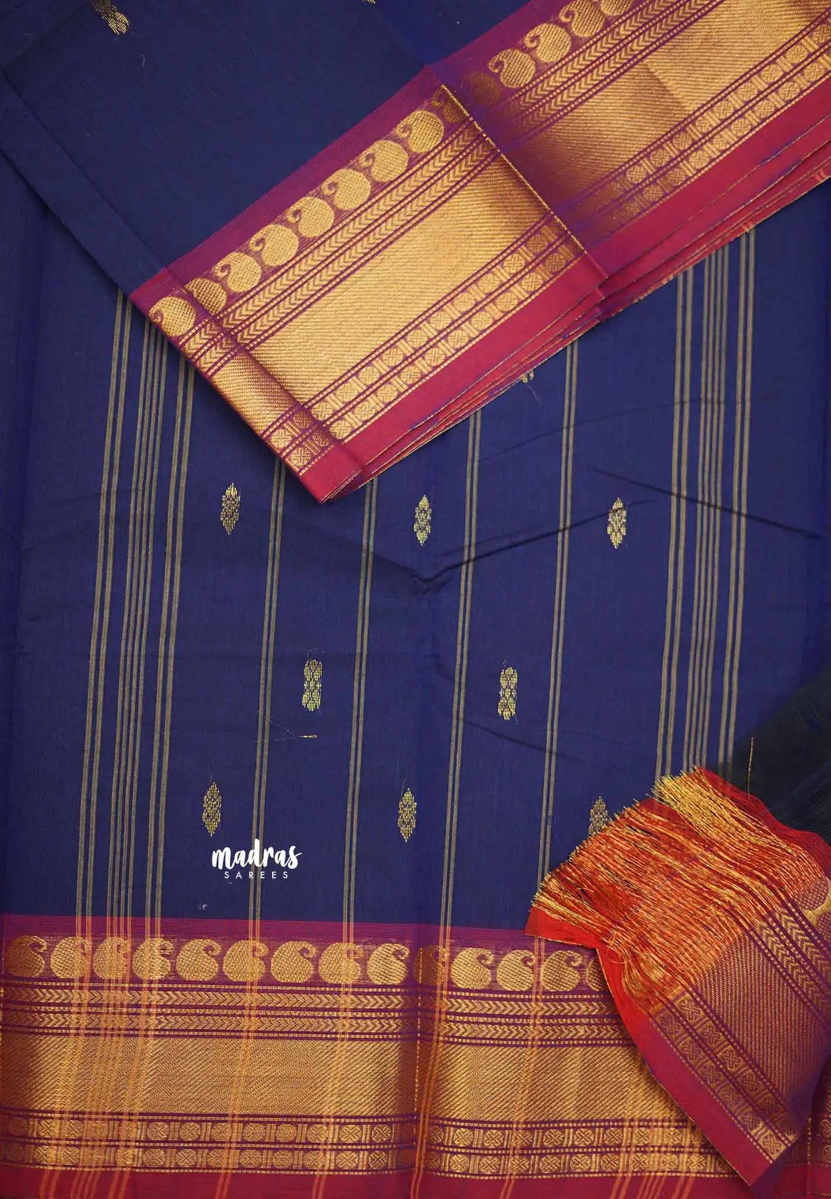 Karthigai silk cotton small border with mango and rudraksham - MS Blue