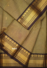 Karthigai silk cotton small border with mango and rudraksham - Khaki color