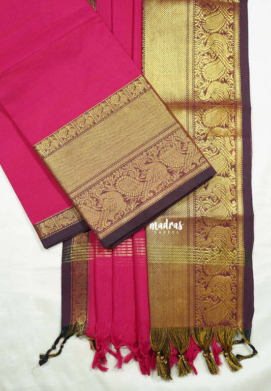Rani pink - Aparna (ONLY TOP AND DUPATTA) karthigai silk cotton Mayil border salwar suit Unstitched