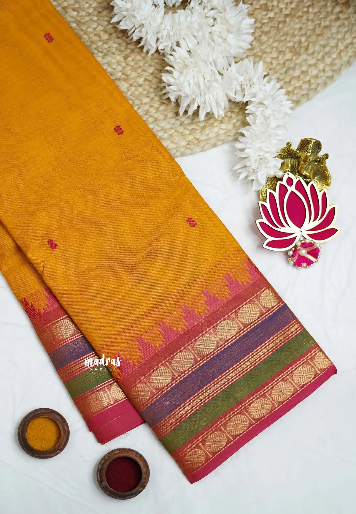 Karthigai silk cotton multicolor rudraksham border -Mustard yellow