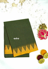 Deep green - Karthigai silk cotton thread border with muthu kattam checks