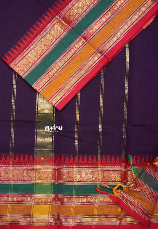 Jamun Purple - Karthigai silk cotton plain body multiborder with annam