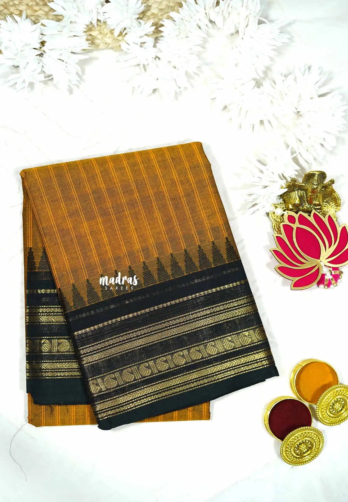 Mustard brown -  Karthigai silk cotton rettapeta rudraksham border with stripes