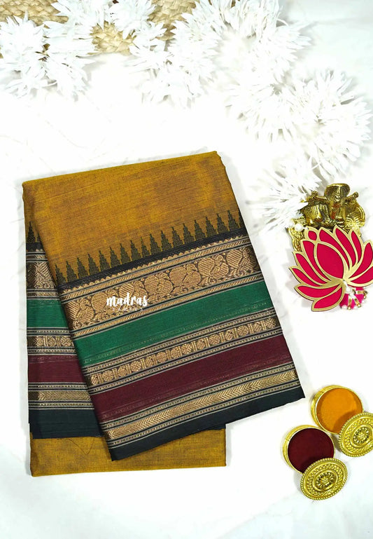 Mustard brown - Karthigai silk cotton plain body multiborder with annam