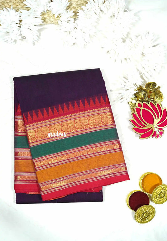 Jamun Purple - Karthigai silk cotton plain body multiborder with annam