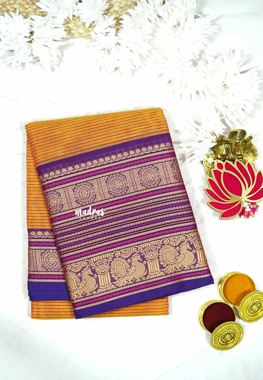 Orange - Karthigai silk cotton chettinad lines thread weaving multi border