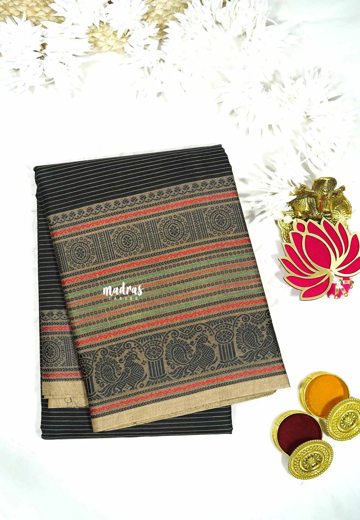Black - Karthigai silk cotton chettinad lines thread weaving multi border