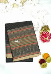 Black - Karthigai silk cotton chettinad lines thread weaving multi border