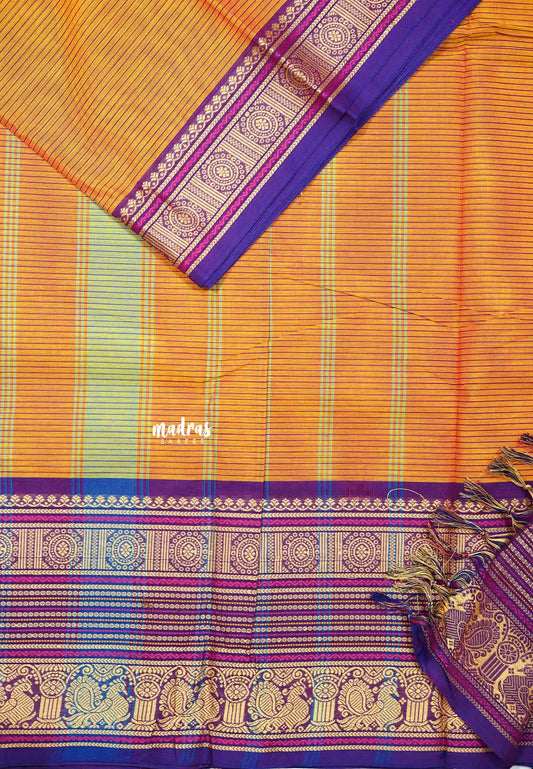 Orange - Karthigai silk cotton chettinad lines thread weaving multi border