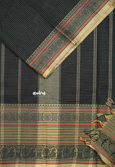 Black - Karthigai silk cotton chettinad lines thread weaving multi border
