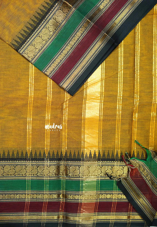 Mustard brown - Karthigai silk cotton plain body multiborder with annam