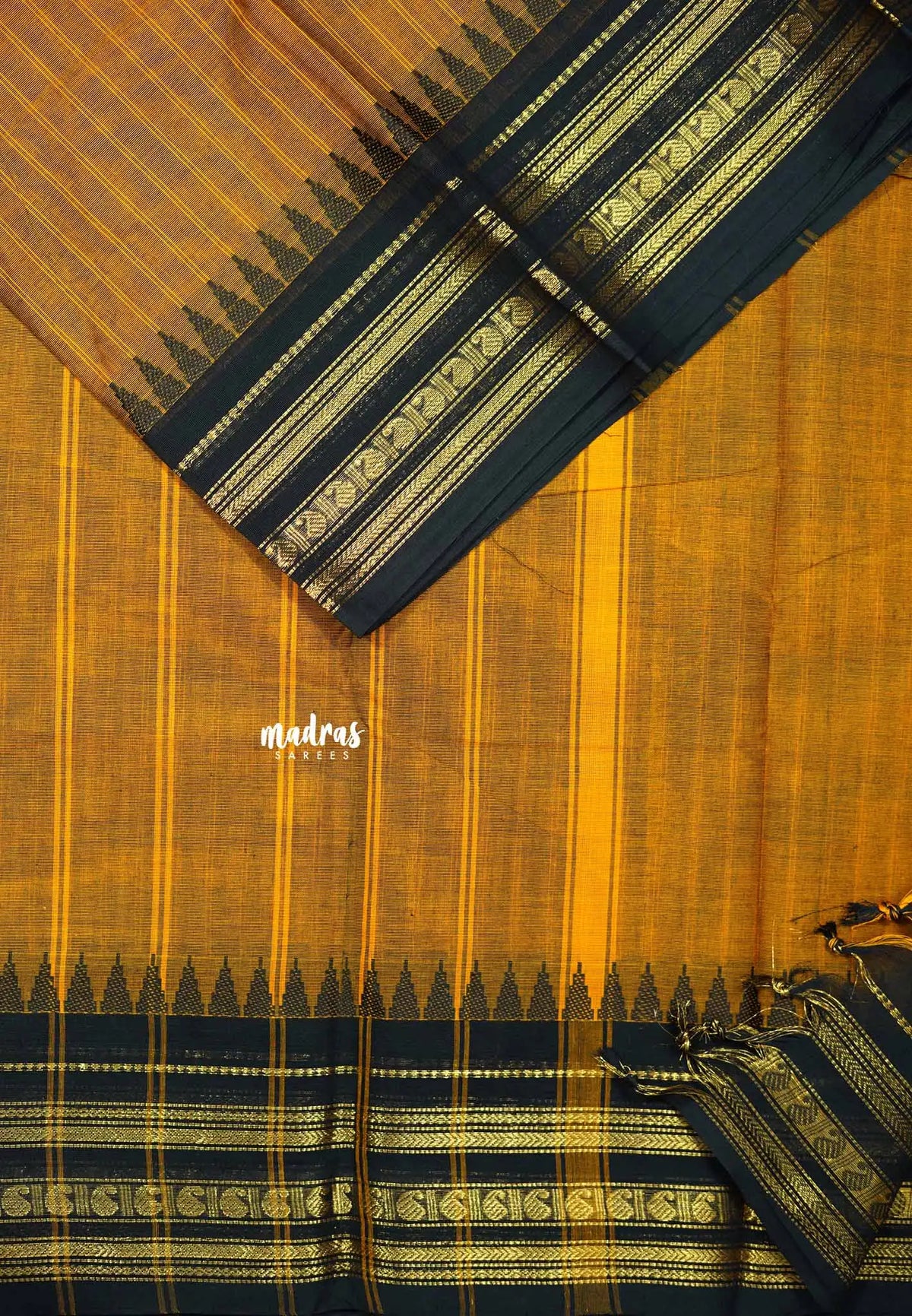 Mustard brown -  Karthigai silk cotton rettapeta rudraksham border with stripes