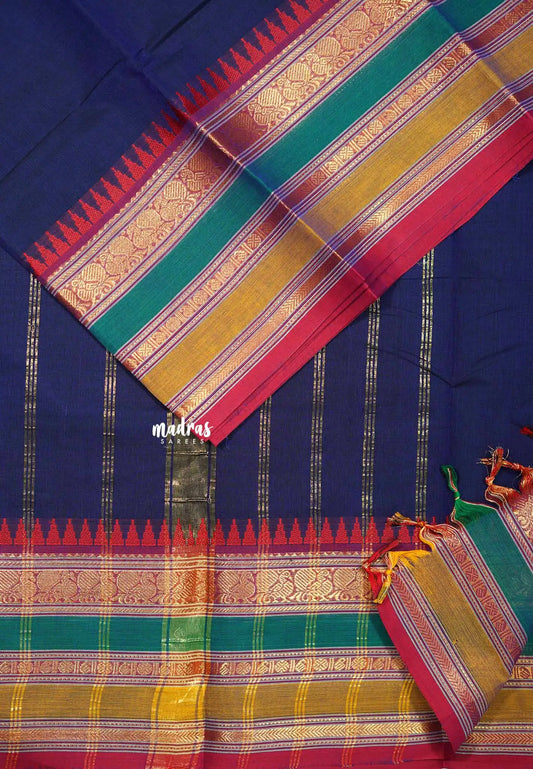Navy blue - Karthigai silk cotton plain body multiborder with annam